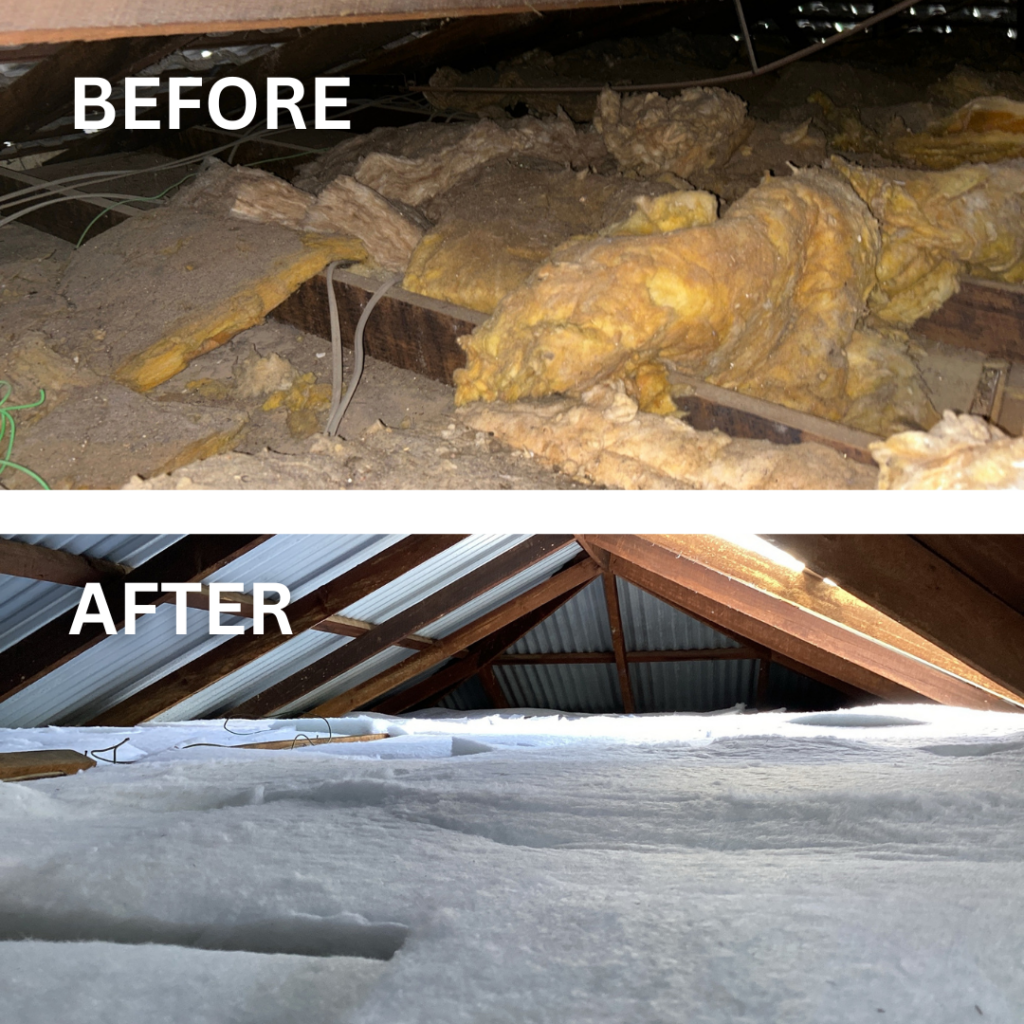 Before and after comparison of ceiling insulation removal in a Brisbane home attic. The ‘before’ image shows old, deteriorated insulation with dust and debris, while the ‘after’ image highlights clean, modern polyester insulation for improved air quality, reduced allergens, and enhanced indoor comfort.
