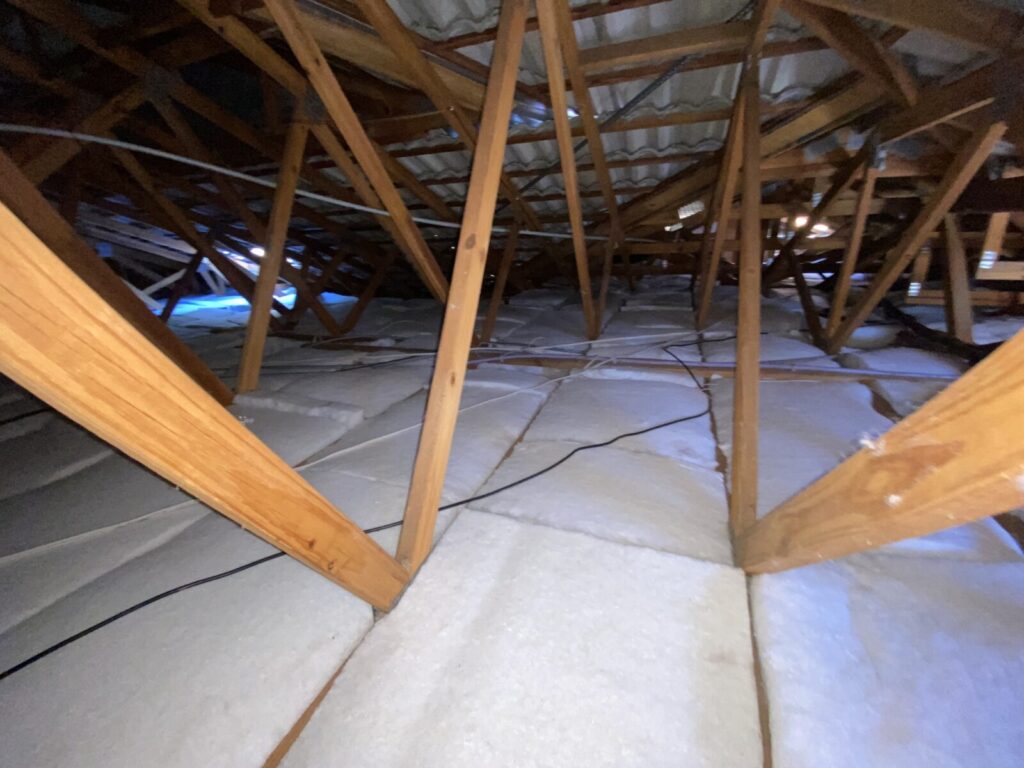 Wet ceiling insulation Brisbane roof cavity with moisture damage mould and flattened insulation batts