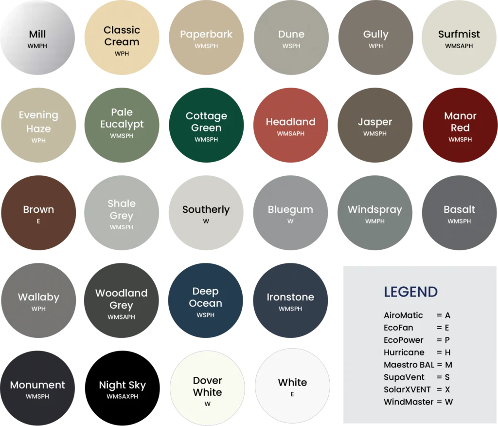 Range of colours to match roof colour